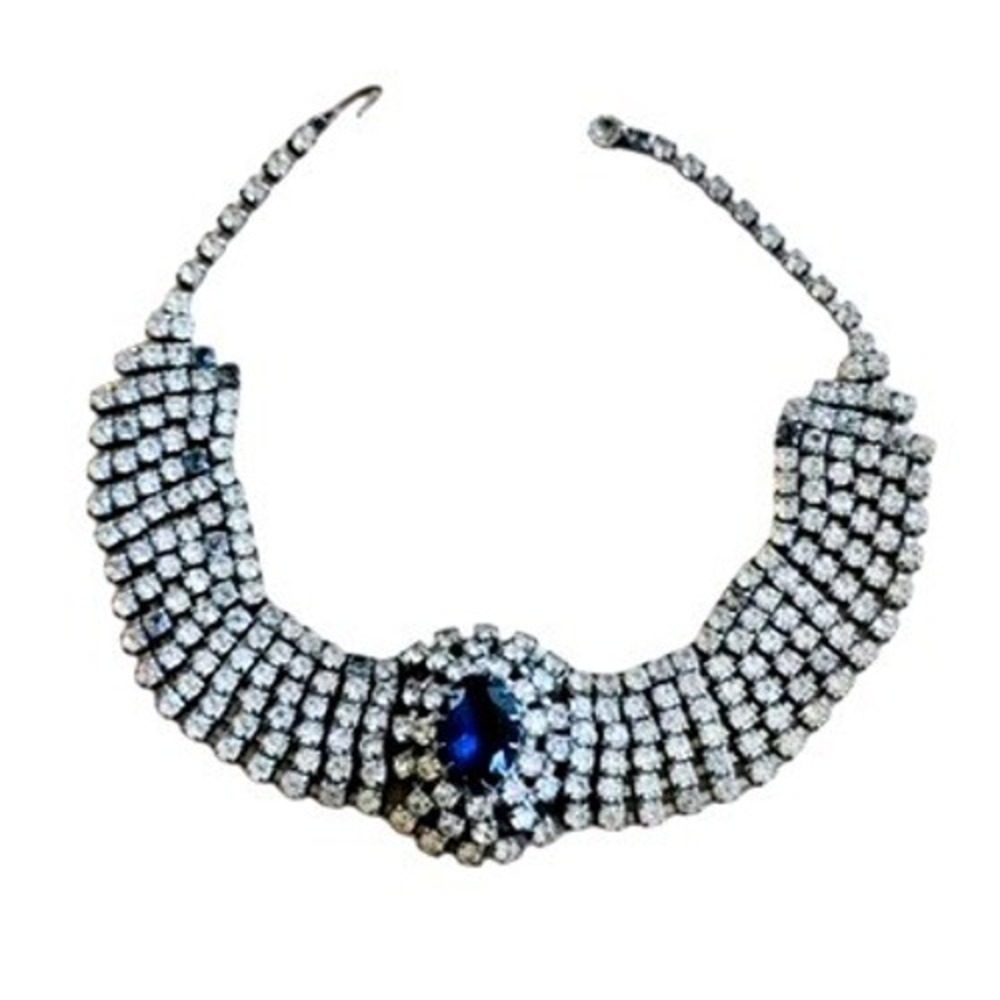 Regal Blue Austrian Rhinestone Choker Necklace VTG Silver Rhodium Plated 14"